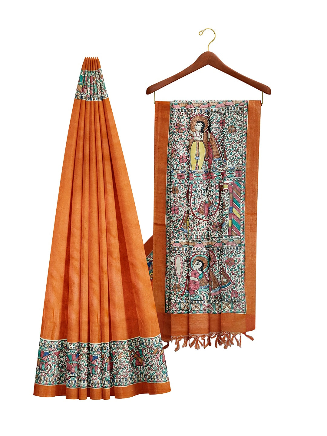 Handpainted Madhubani Saree on Tussar Munga Silk – Ramayan Theme