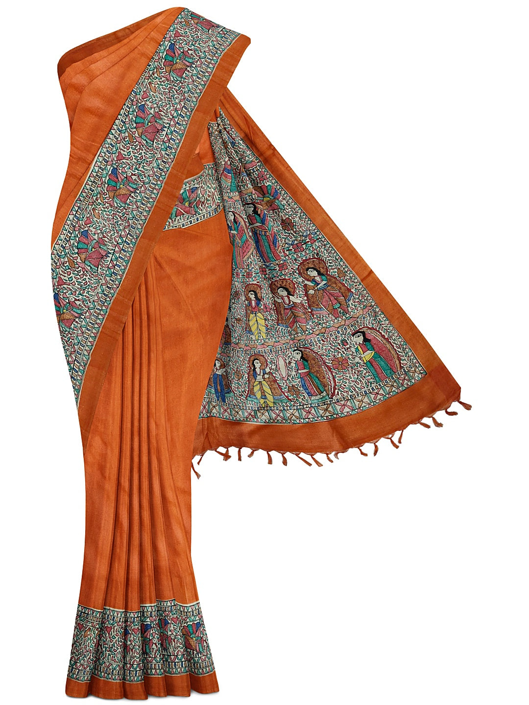 Handpainted Madhubani Saree on Tussar Munga Silk – Ramayan Theme