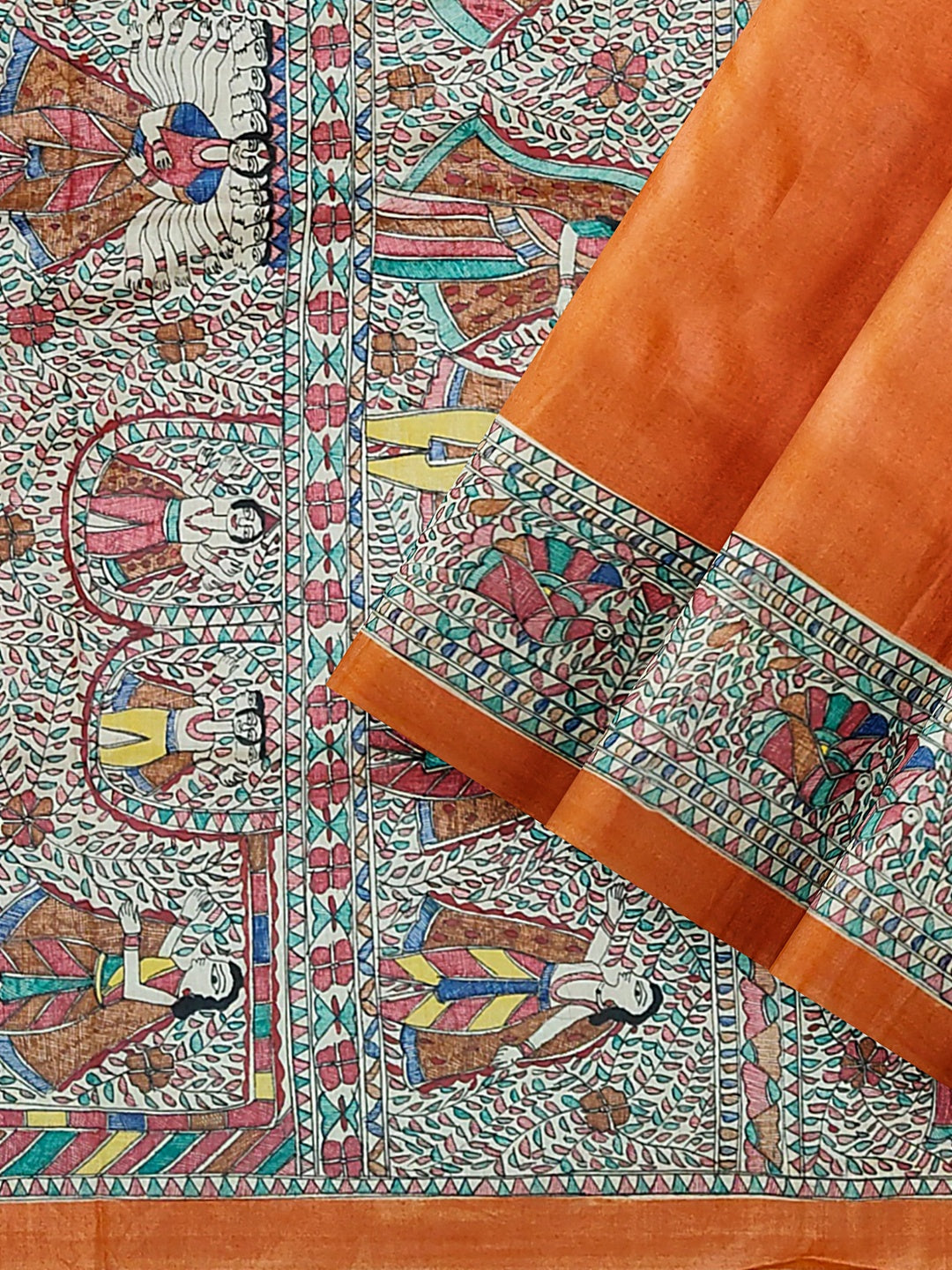 Handpainted Madhubani Saree on Tussar Munga Silk – Ramayan Theme