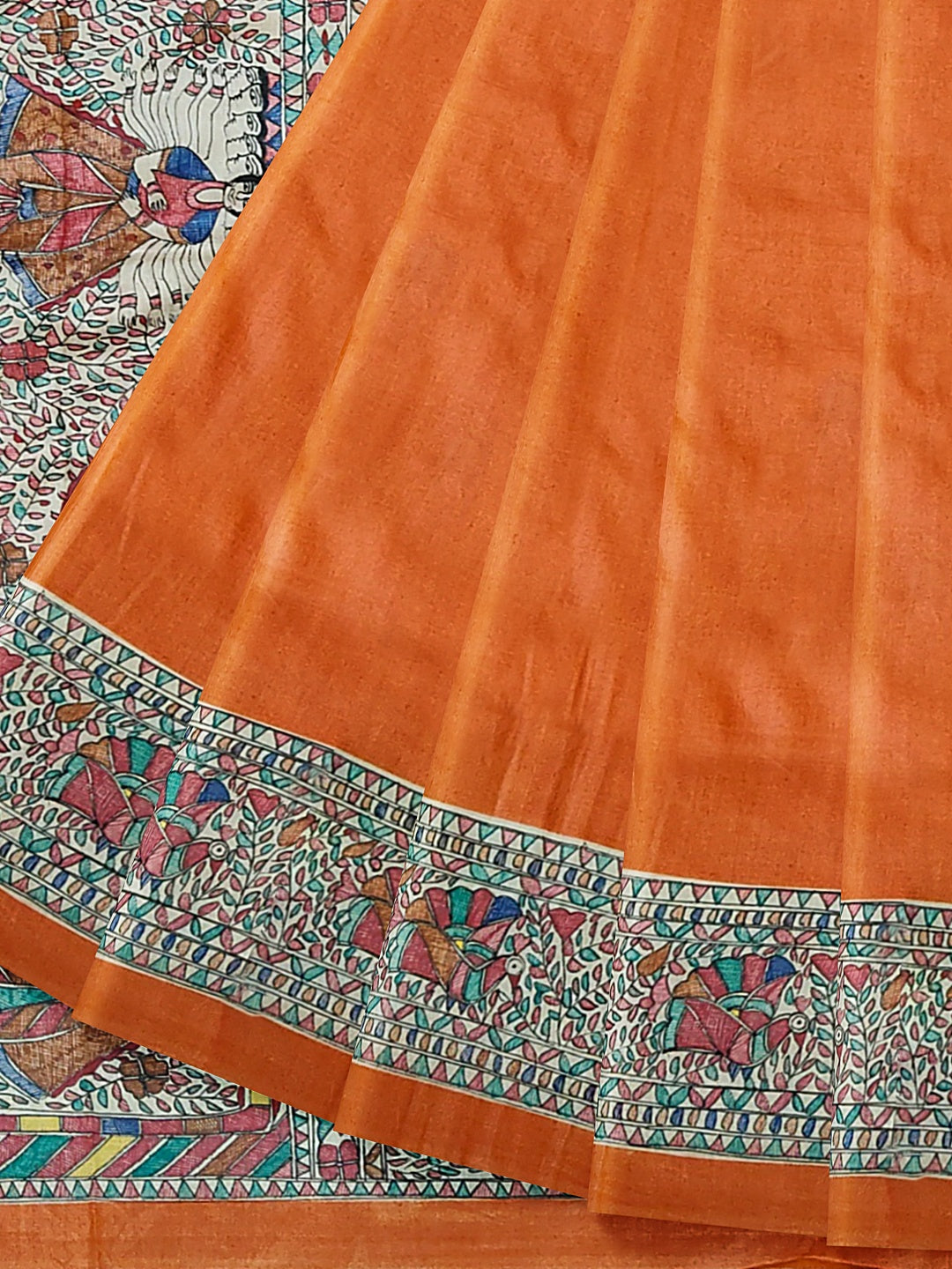 Handpainted Madhubani Saree on Tussar Munga Silk – Ramayan Theme
