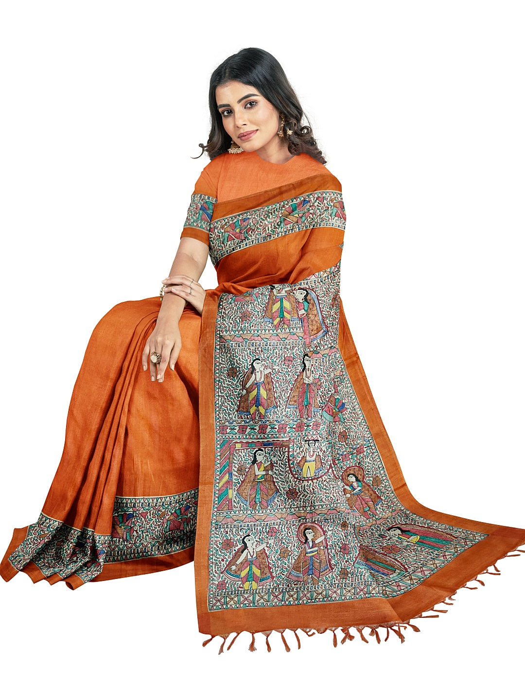 Handpainted Madhubani Saree on Tussar Munga Silk – Ramayan Theme