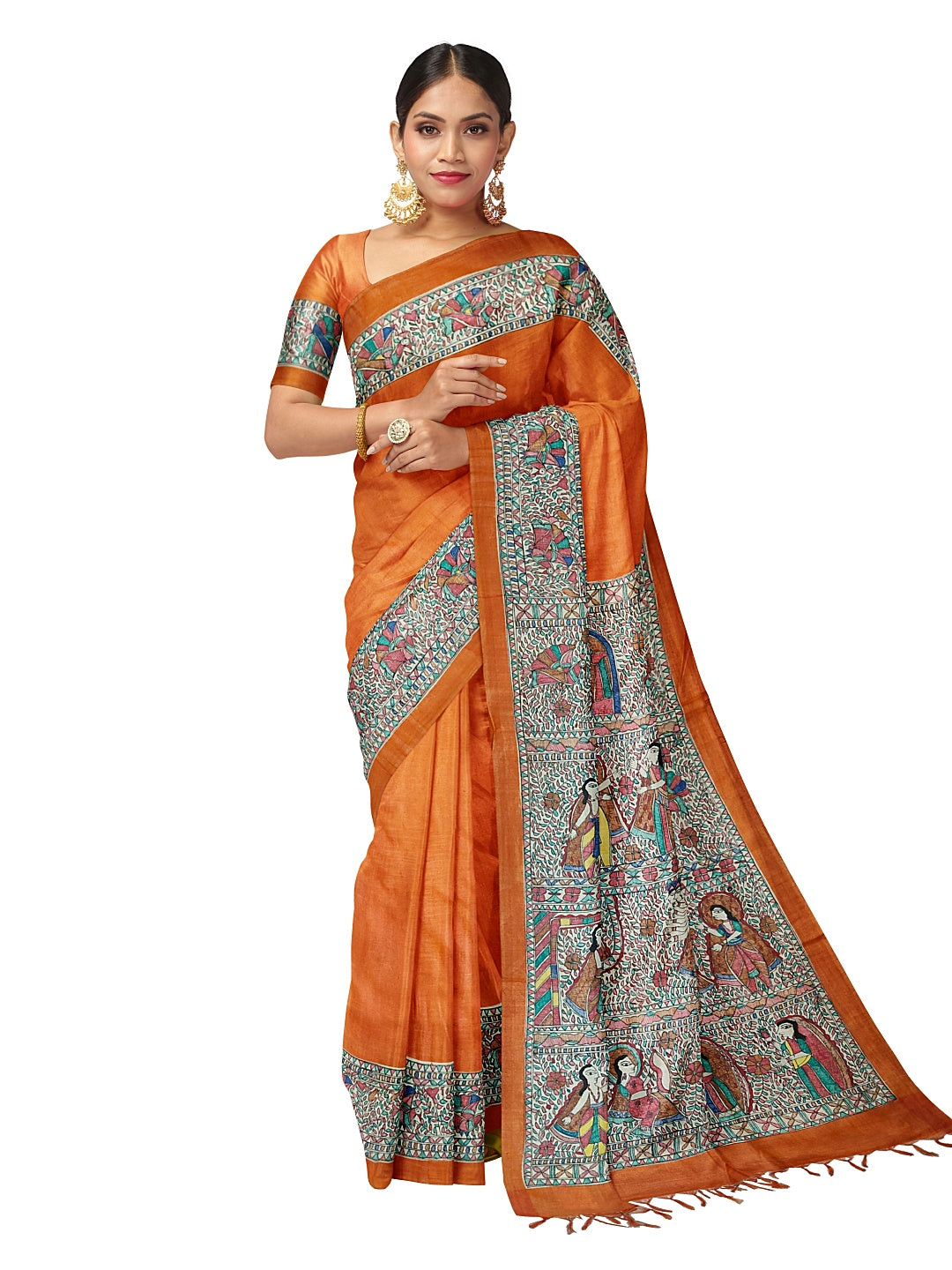Handpainted Madhubani Saree on Tussar Munga Silk – Ramayan Theme