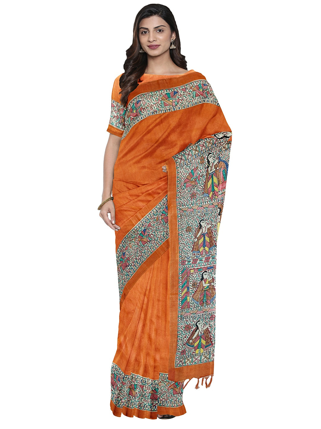 Handpainted Madhubani Saree on Tussar Munga Silk – Ramayan Theme