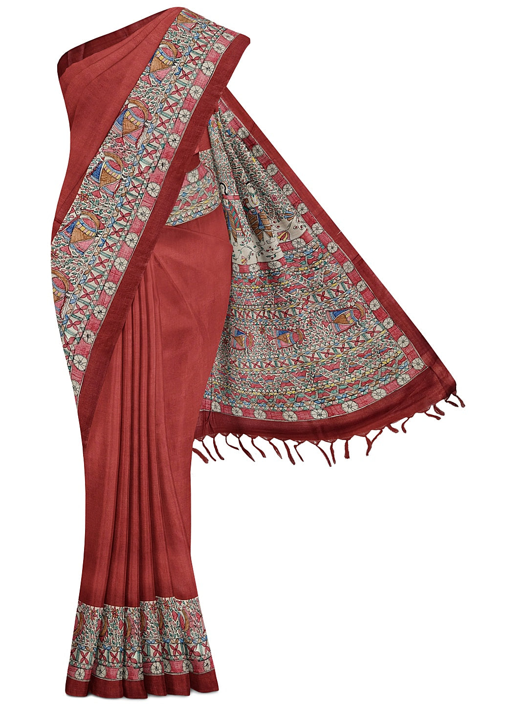 Handpainted Madhubani Saree on Tussar Munga Silk – “Doli ka Haar”