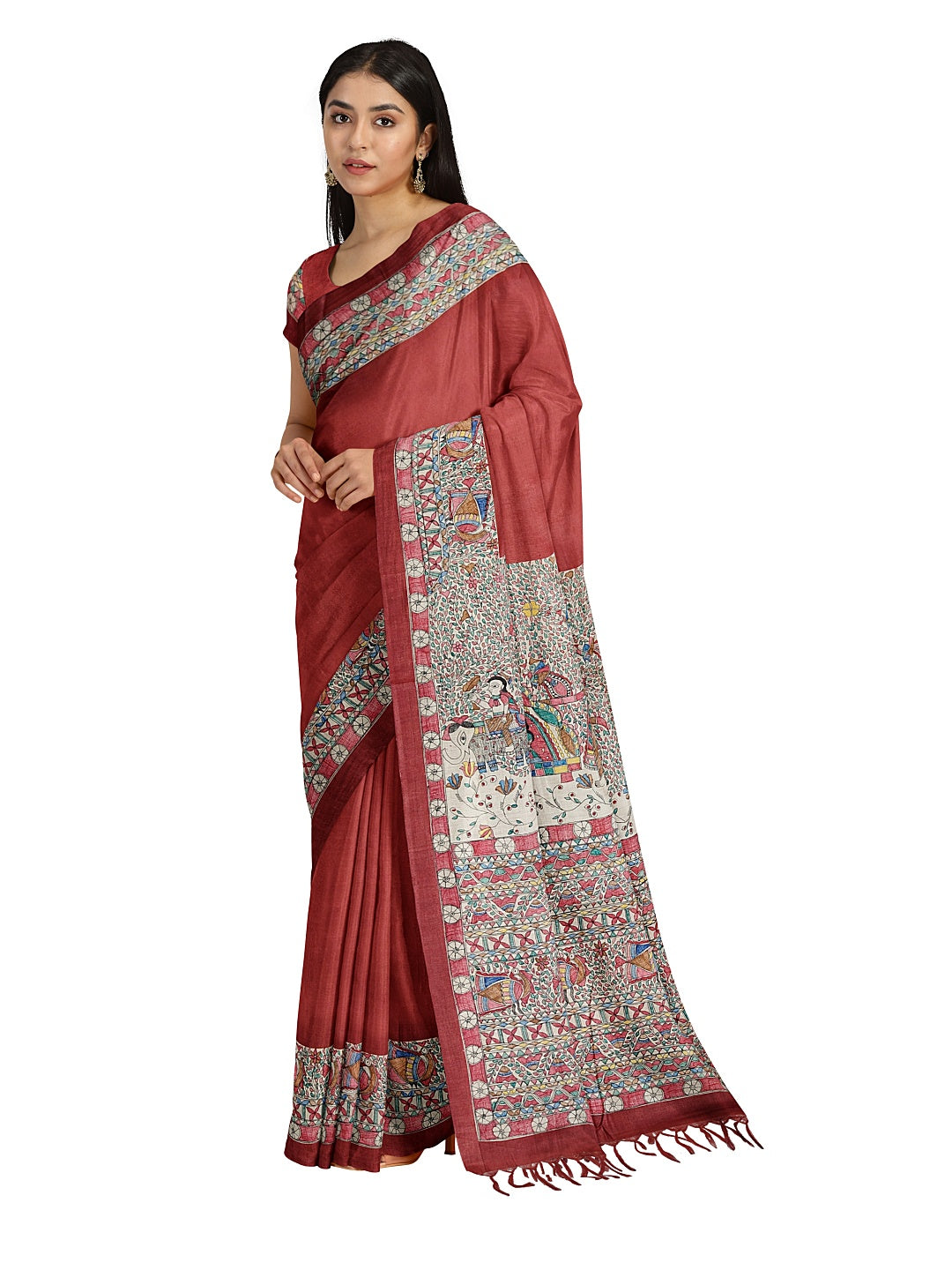 Handpainted Madhubani Saree on Tussar Munga Silk – “Doli ka Haar”
