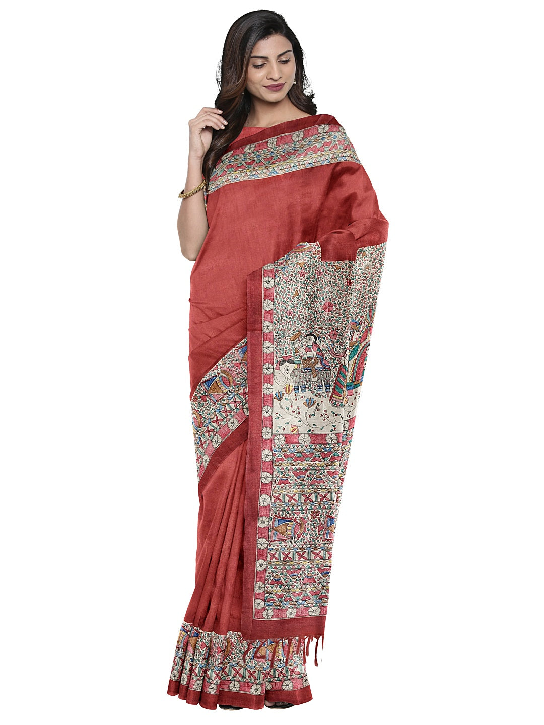 Handpainted Madhubani Saree on Tussar Munga Silk – “Doli ka Haar”