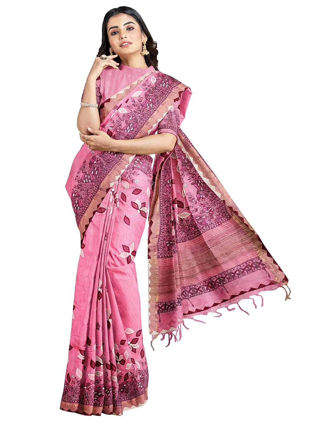 Hand-Painted Madhubani with Applique: A Divine Creation on Tussar Munga Silk