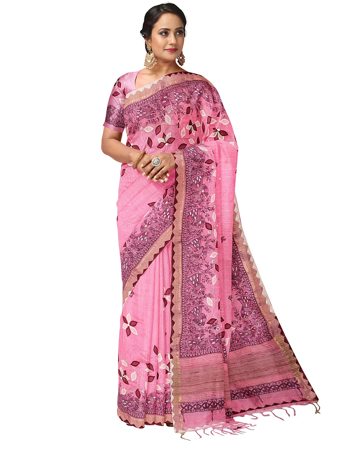 Hand-Painted Madhubani with Applique: A Divine Creation on Tussar Munga Silk