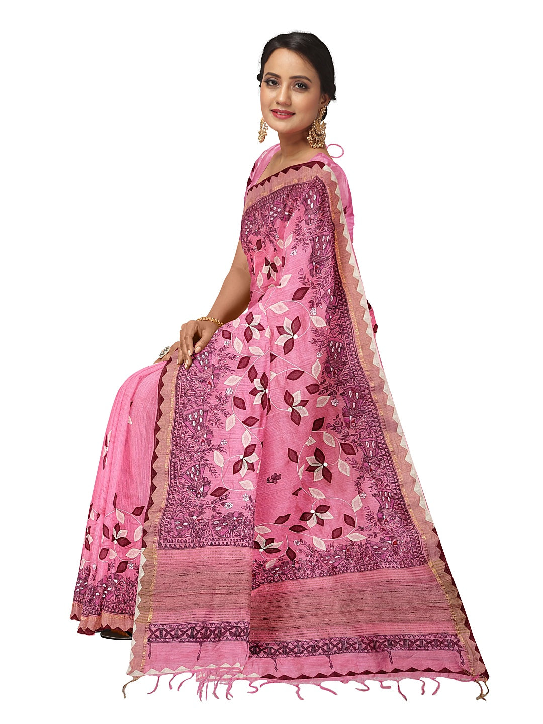 Hand-Painted Madhubani with Applique: A Divine Creation on Tussar Munga Silk