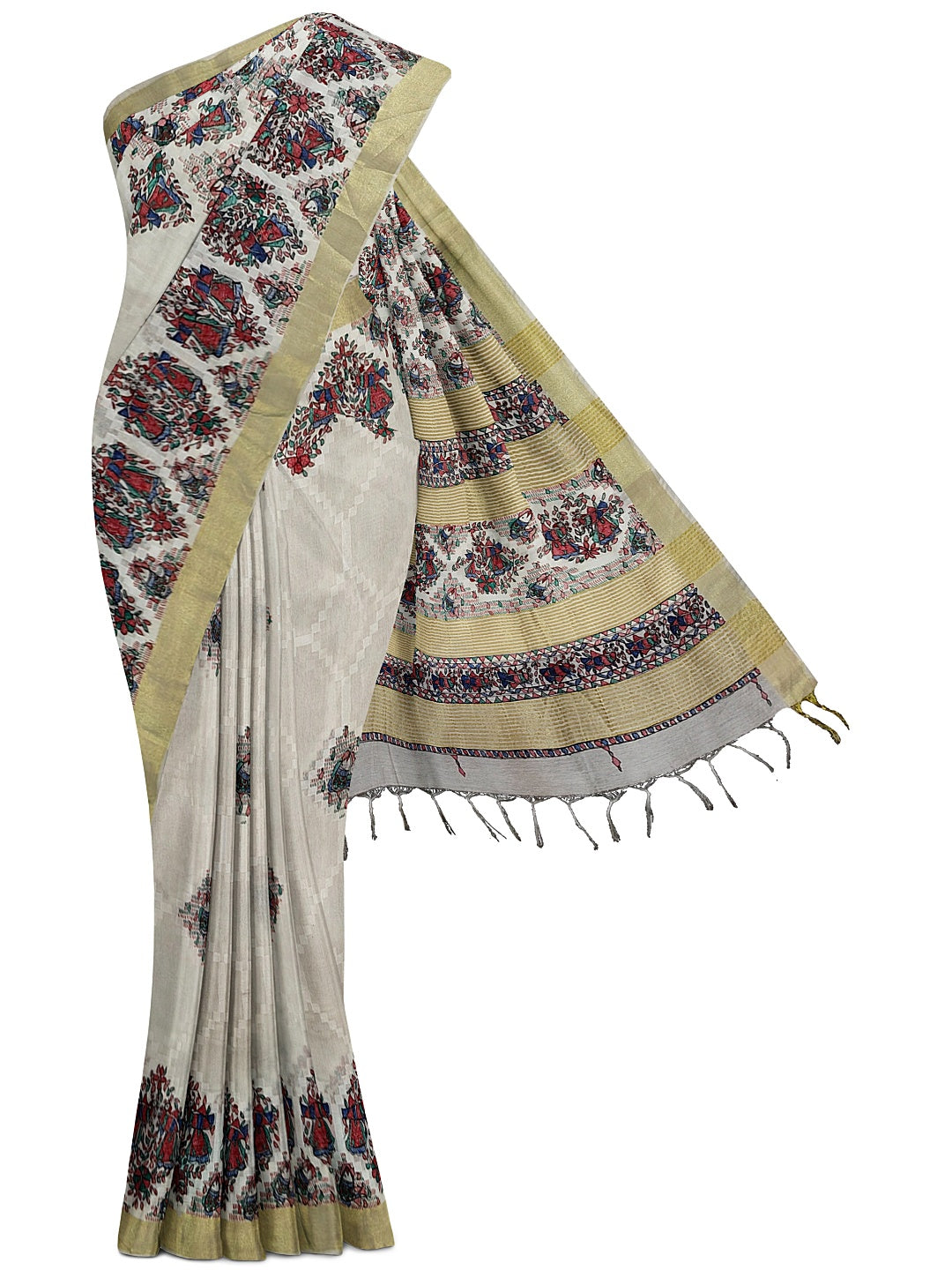 Handpainted Madhubani Kota Silk Saree in White with Zari Border