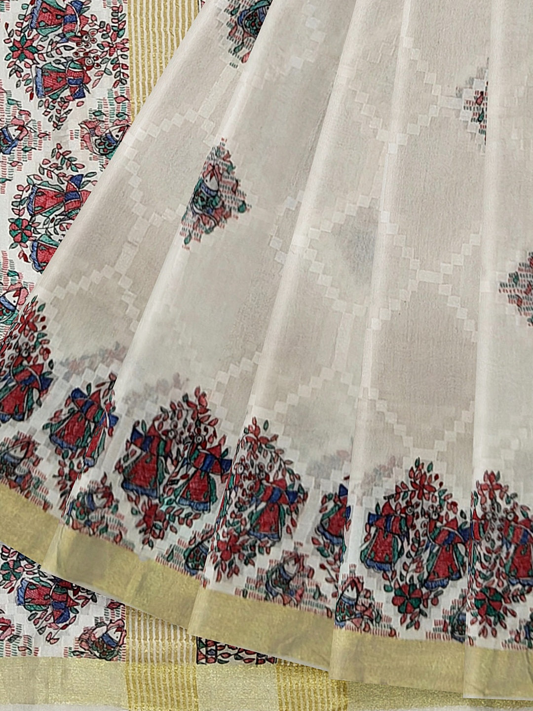 Handpainted Madhubani Kota Silk Saree in White with Zari Border