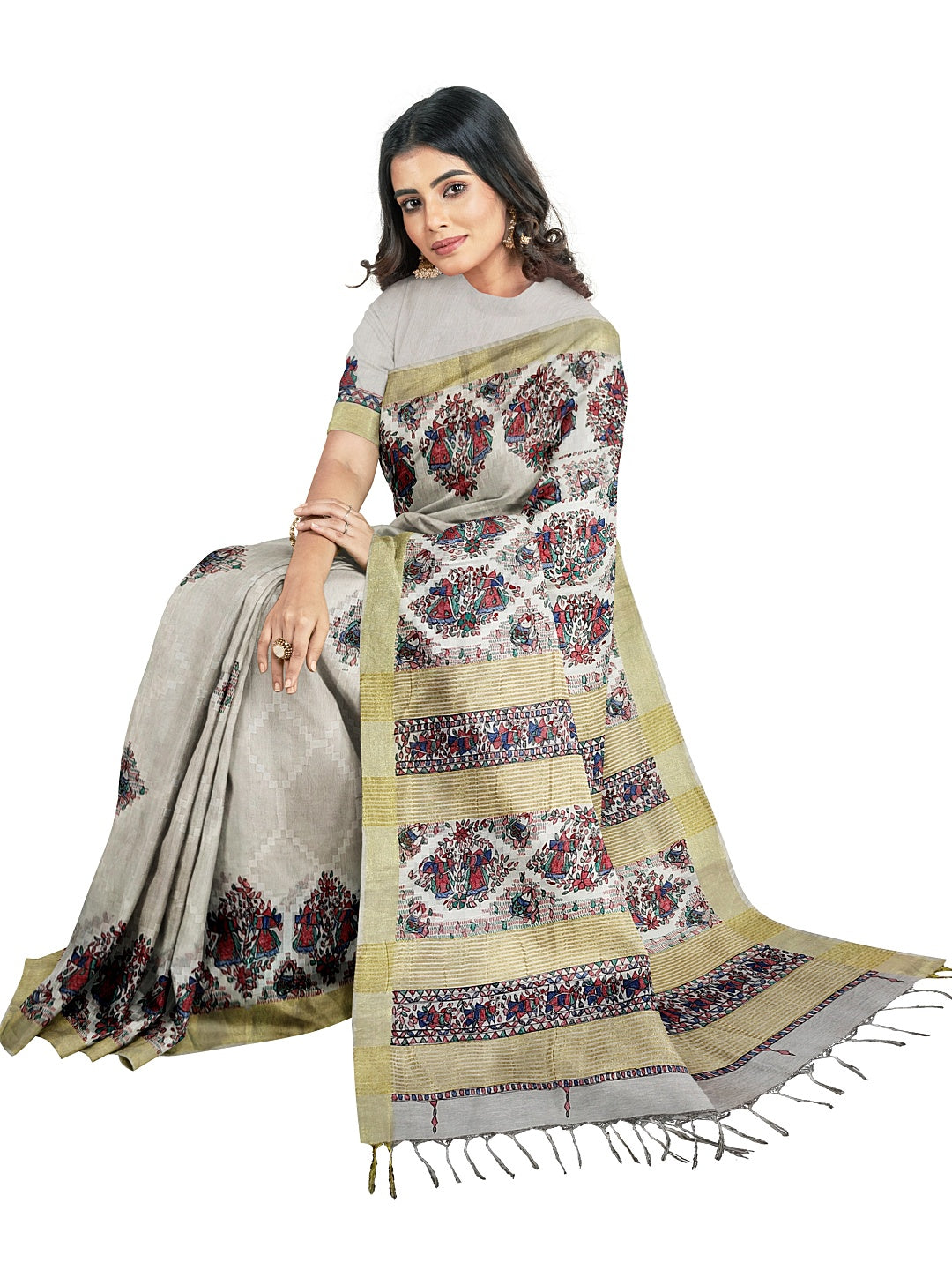 Handpainted Madhubani Kota Silk Saree in White with Zari Border