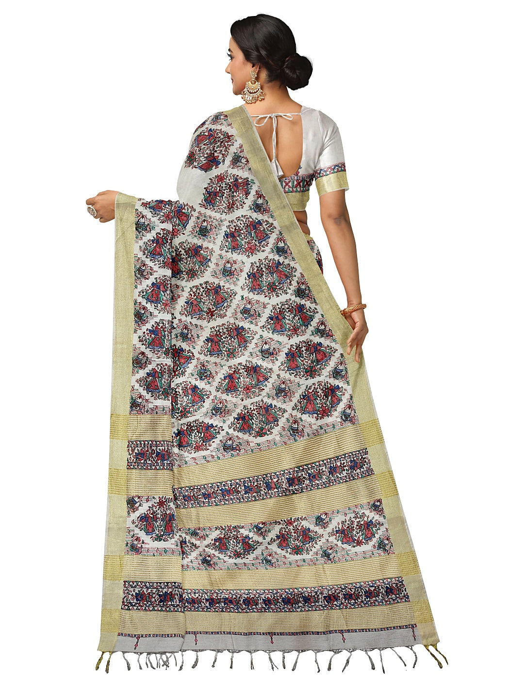 Handpainted Madhubani Kota Silk Saree in White with Zari Border