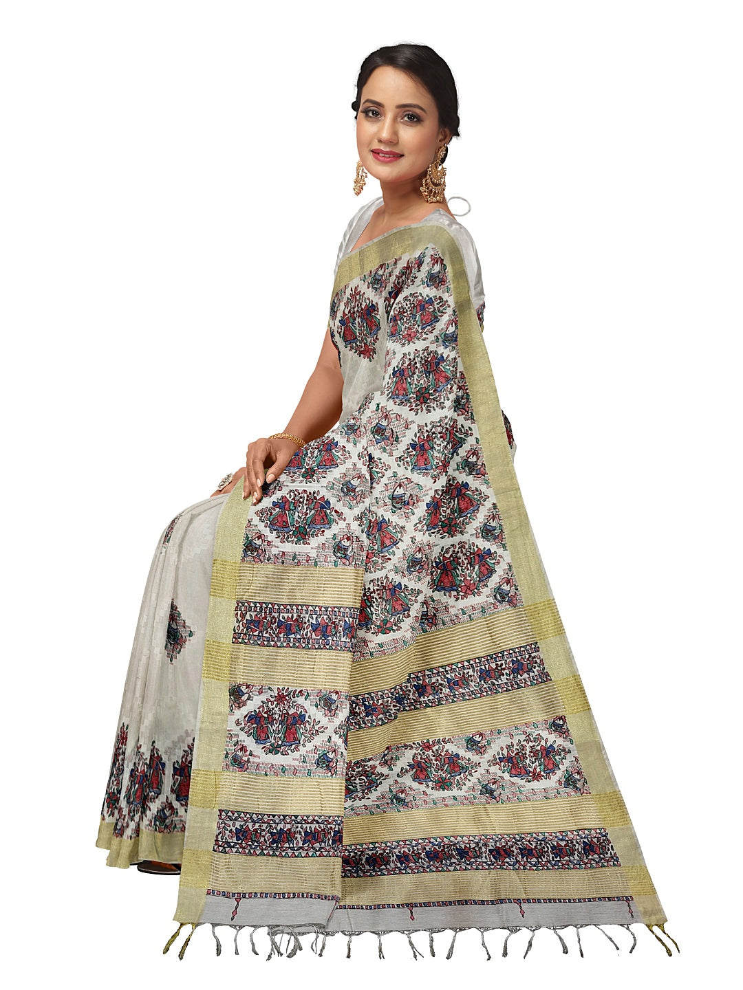 Handpainted Madhubani Kota Silk Saree in White with Zari Border