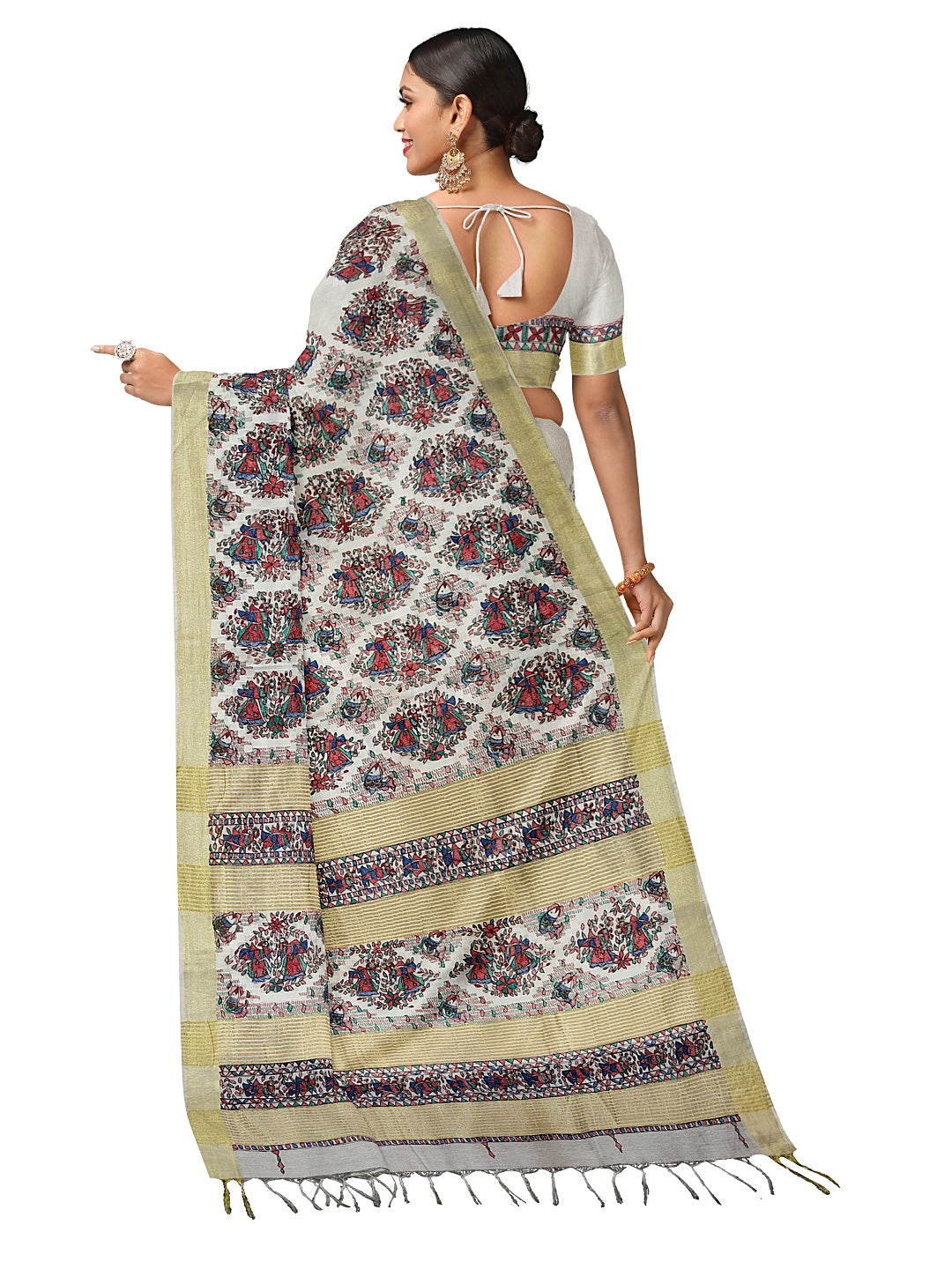 Handpainted Madhubani Kota Silk Saree in White with Zari Border