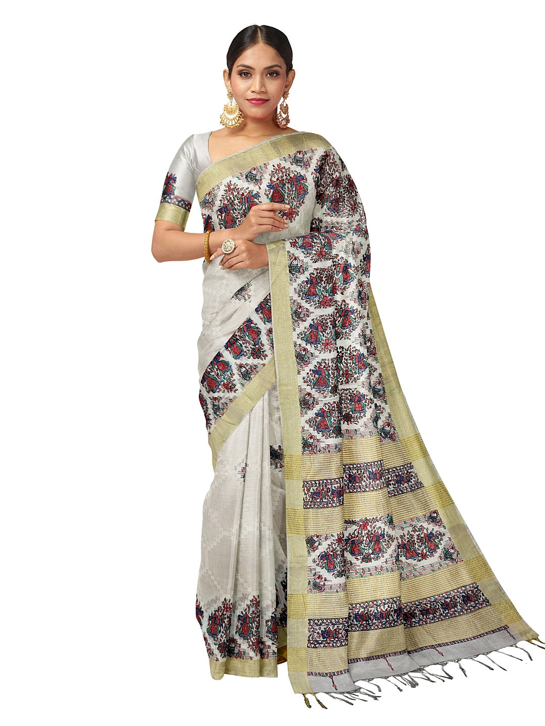 Handpainted Madhubani Kota Silk Saree in White with Zari Border