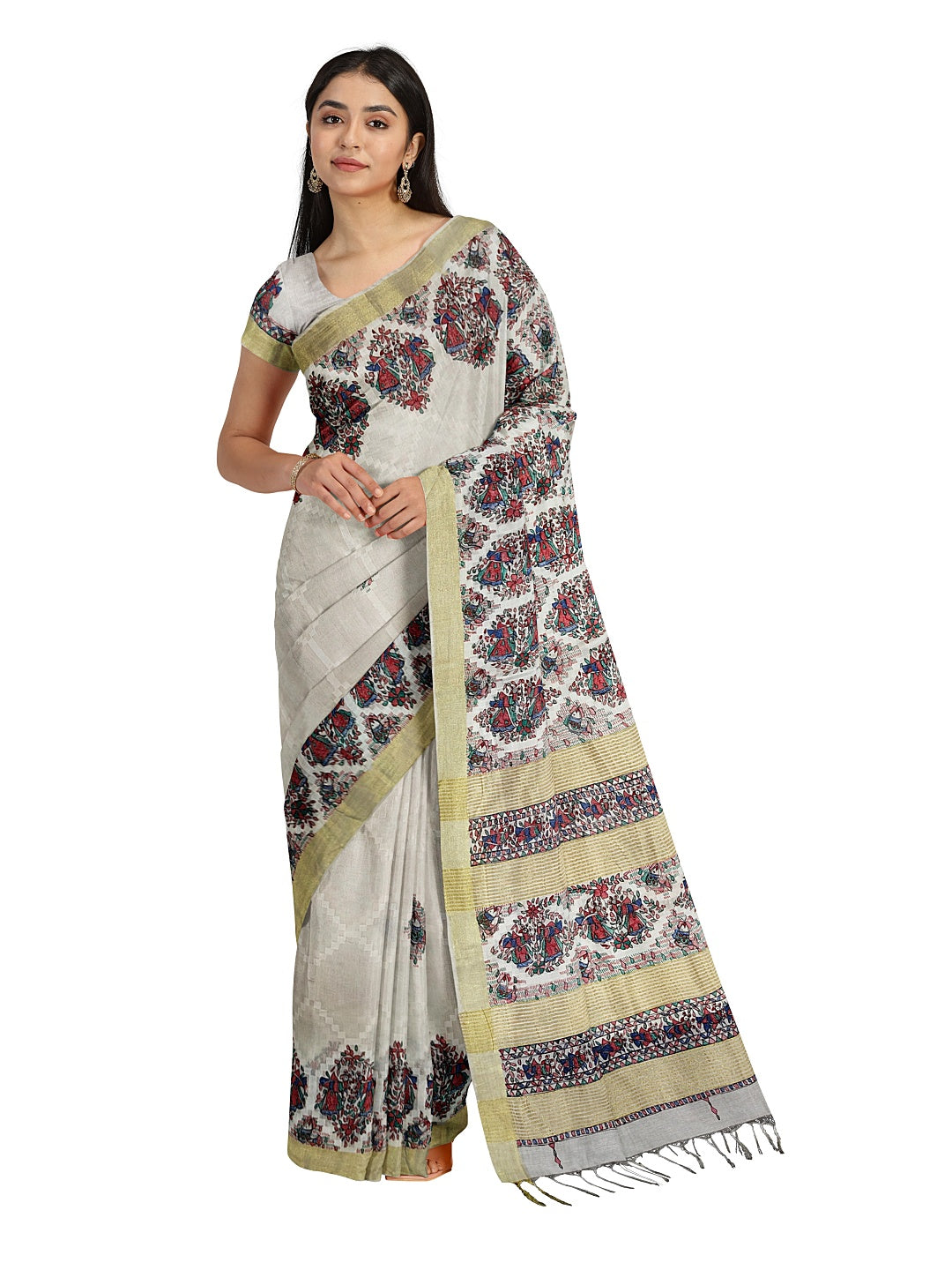Handpainted Madhubani Kota Silk Saree in White with Zari Border