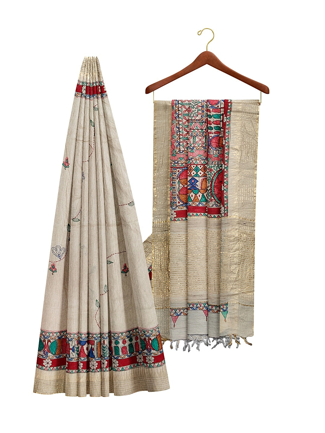 Godhna-Inspired Handpainted Tussar Munga Silk Saree with Sujani Embroidery