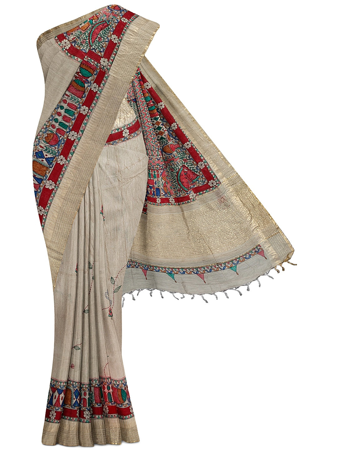 Godhna-Inspired Handpainted Tussar Munga Silk Saree with Sujni Embroidery