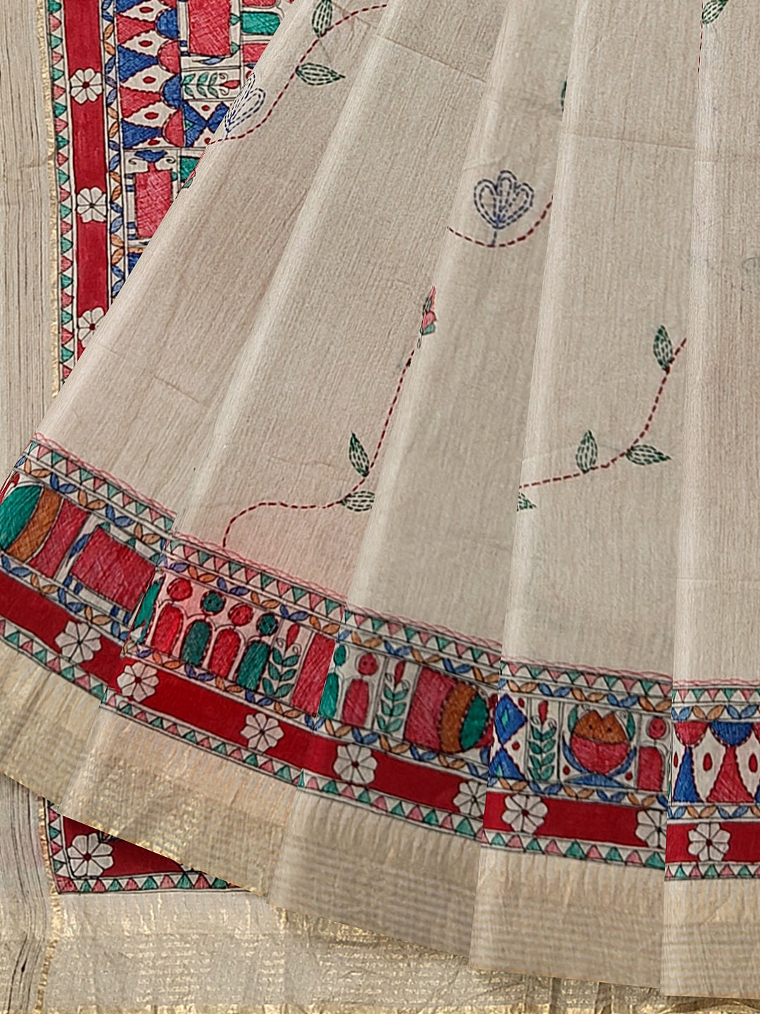 Godhna-Inspired Handpainted Tussar Munga Silk Saree with Sujni Embroidery