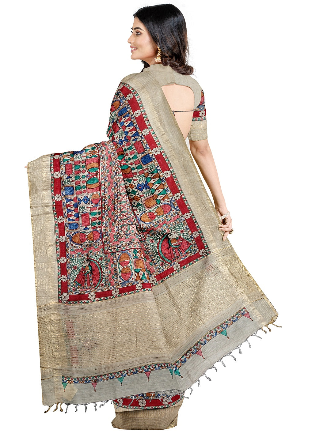 Godhna-Inspired Handpainted Tussar Munga Silk Saree with Sujni Embroidery