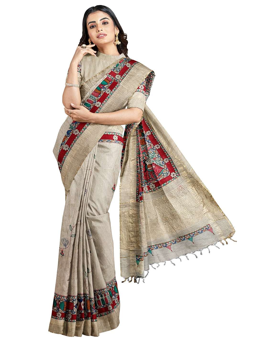 Godhna-Inspired Handpainted Tussar Munga Silk Saree with Sujni Embroidery