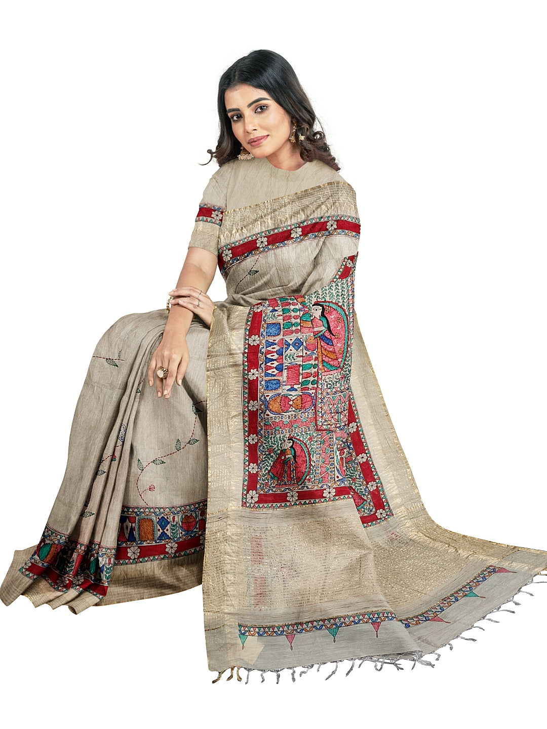 Godhna-Inspired Handpainted Tussar Munga Silk Saree with Sujni Embroidery