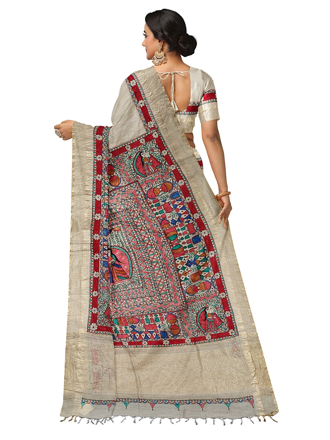 Godhna-Inspired Handpainted Tussar Munga Silk Saree with Sujni Embroidery