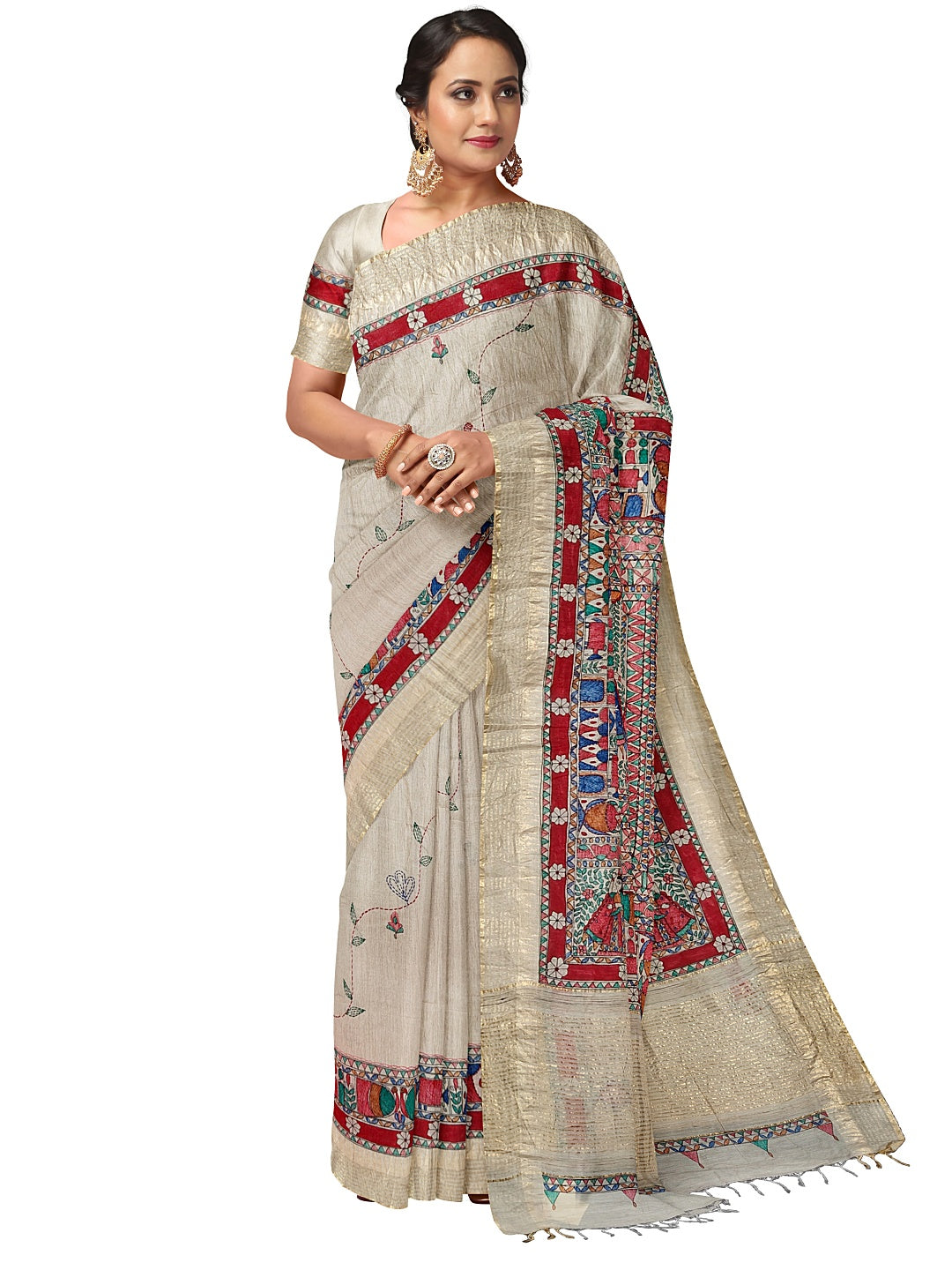 Godhna-Inspired Handpainted Tussar Munga Silk Saree with Sujni Embroidery