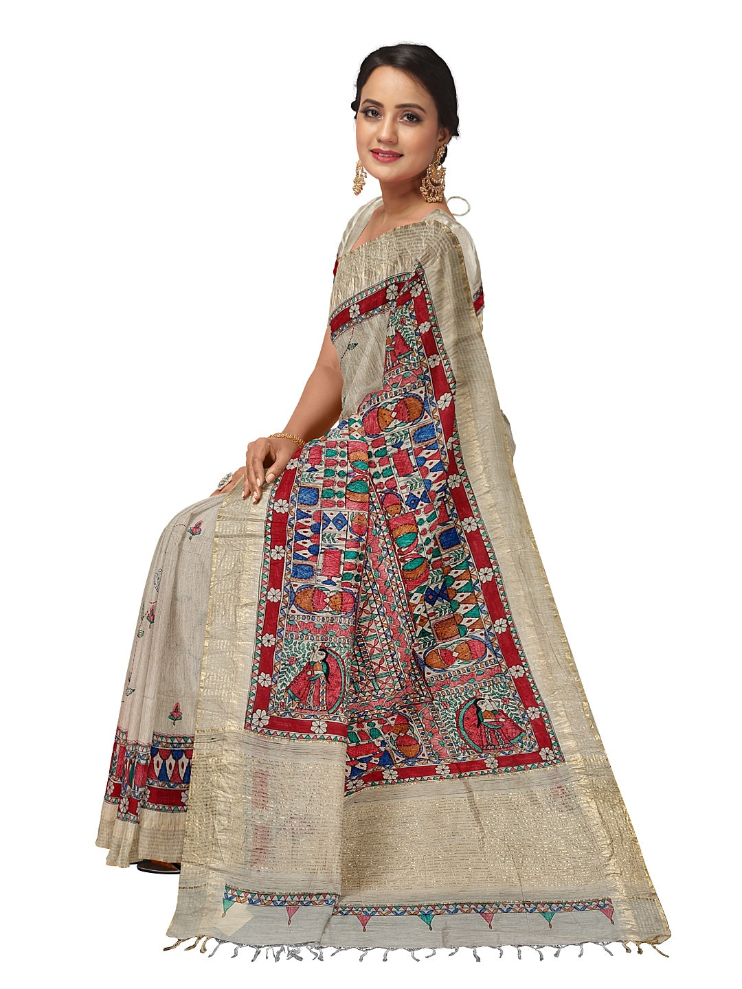 Godhna-Inspired Handpainted Tussar Munga Silk Saree with Sujani Embroidery