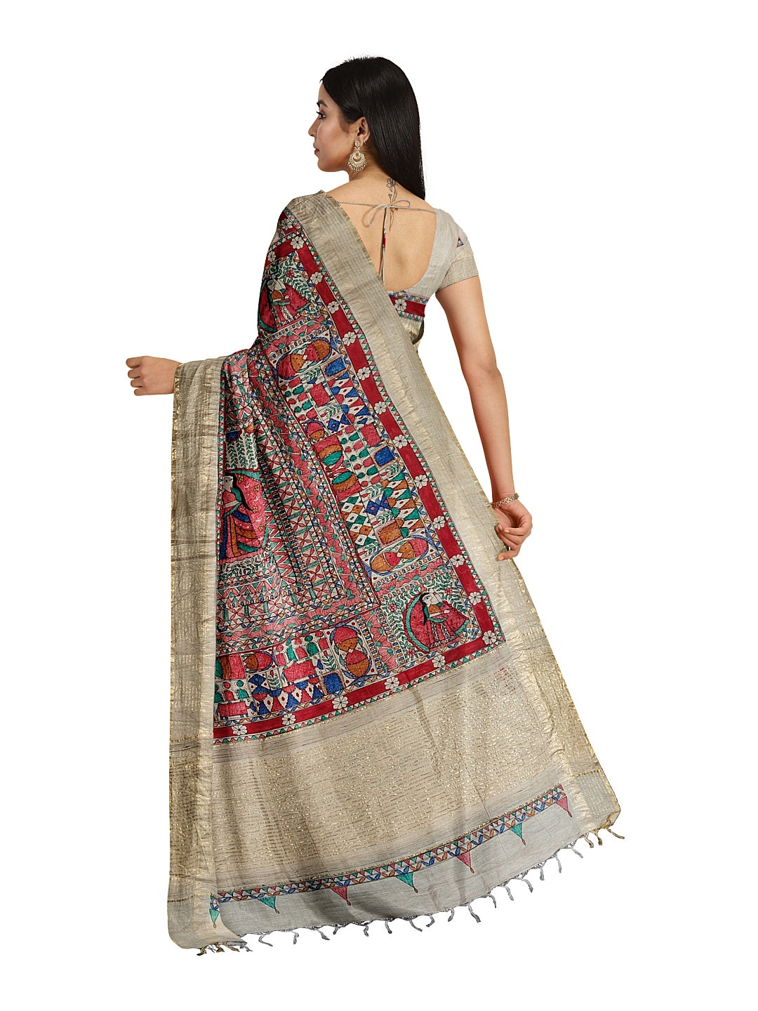 Godhna-Inspired Handpainted Tussar Munga Silk Saree with Sujni Embroidery