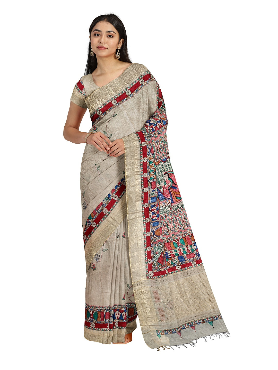 Godhna-Inspired Handpainted Tussar Munga Silk Saree with Sujni Embroidery