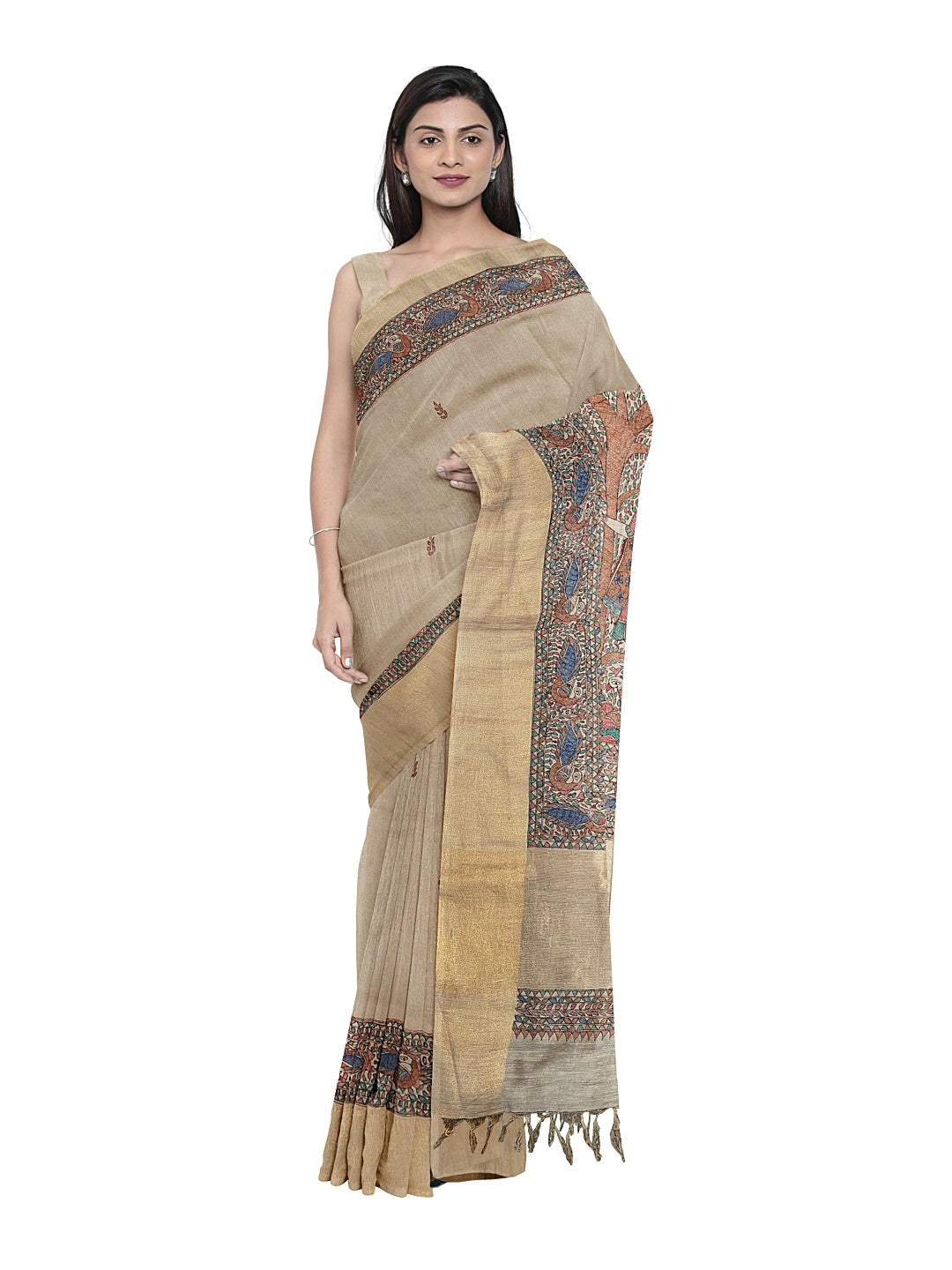 Radha Krishna under the Kadamb Tree – A Divine Melody on Tussar Ghicha Silk