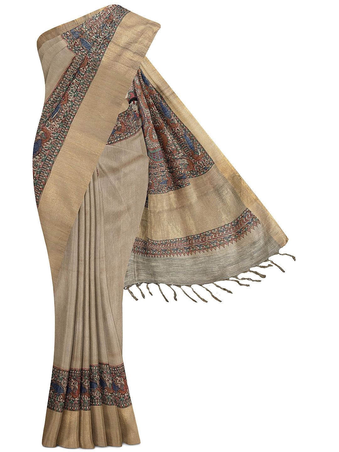 Radha Krishna under the Kadamb Tree – A Divine Melody on Tussar Ghicha Silk