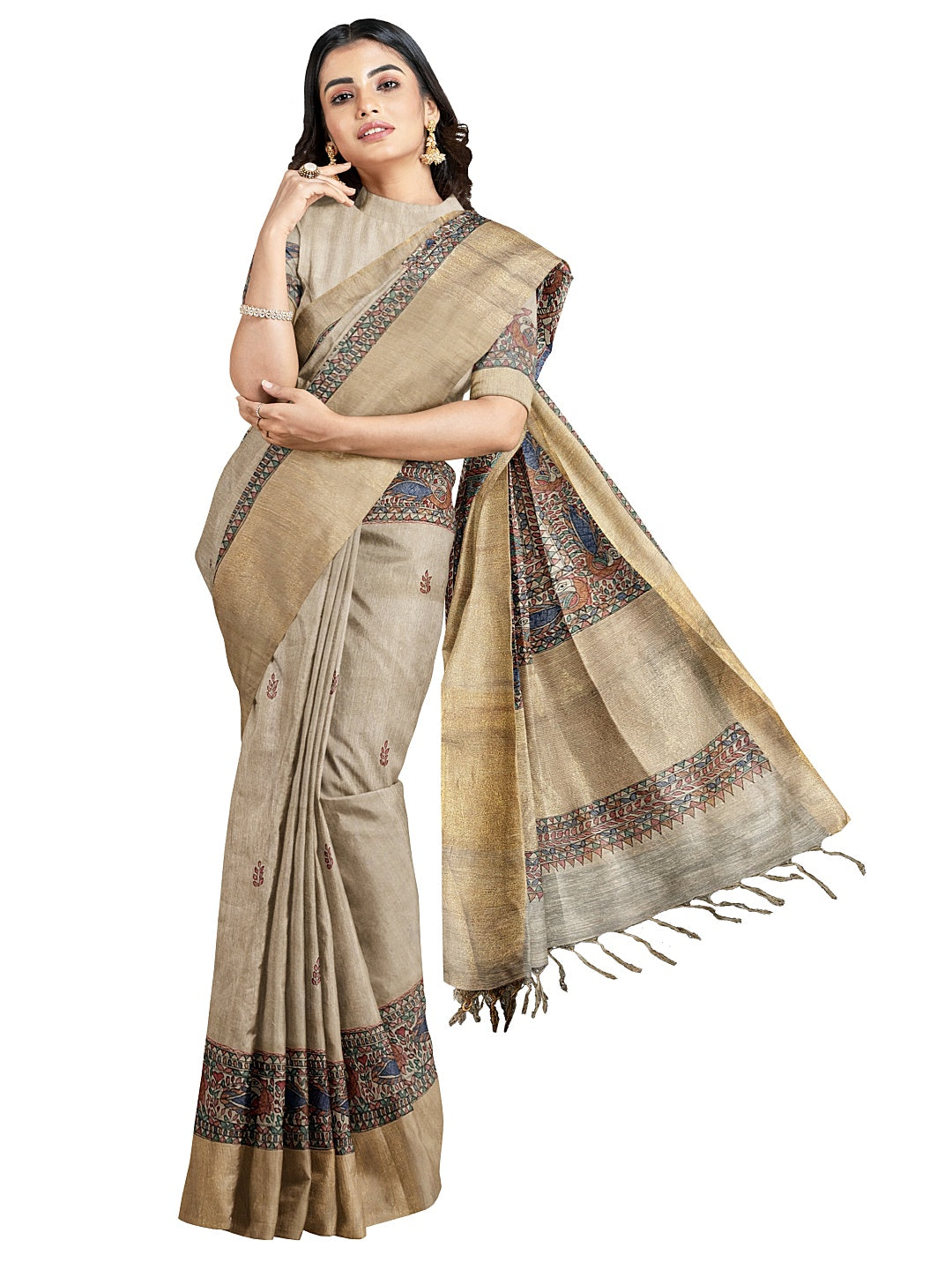 Radha Krishna under the Kadamb Tree – A Divine Melody on Tussar Ghicha Silk