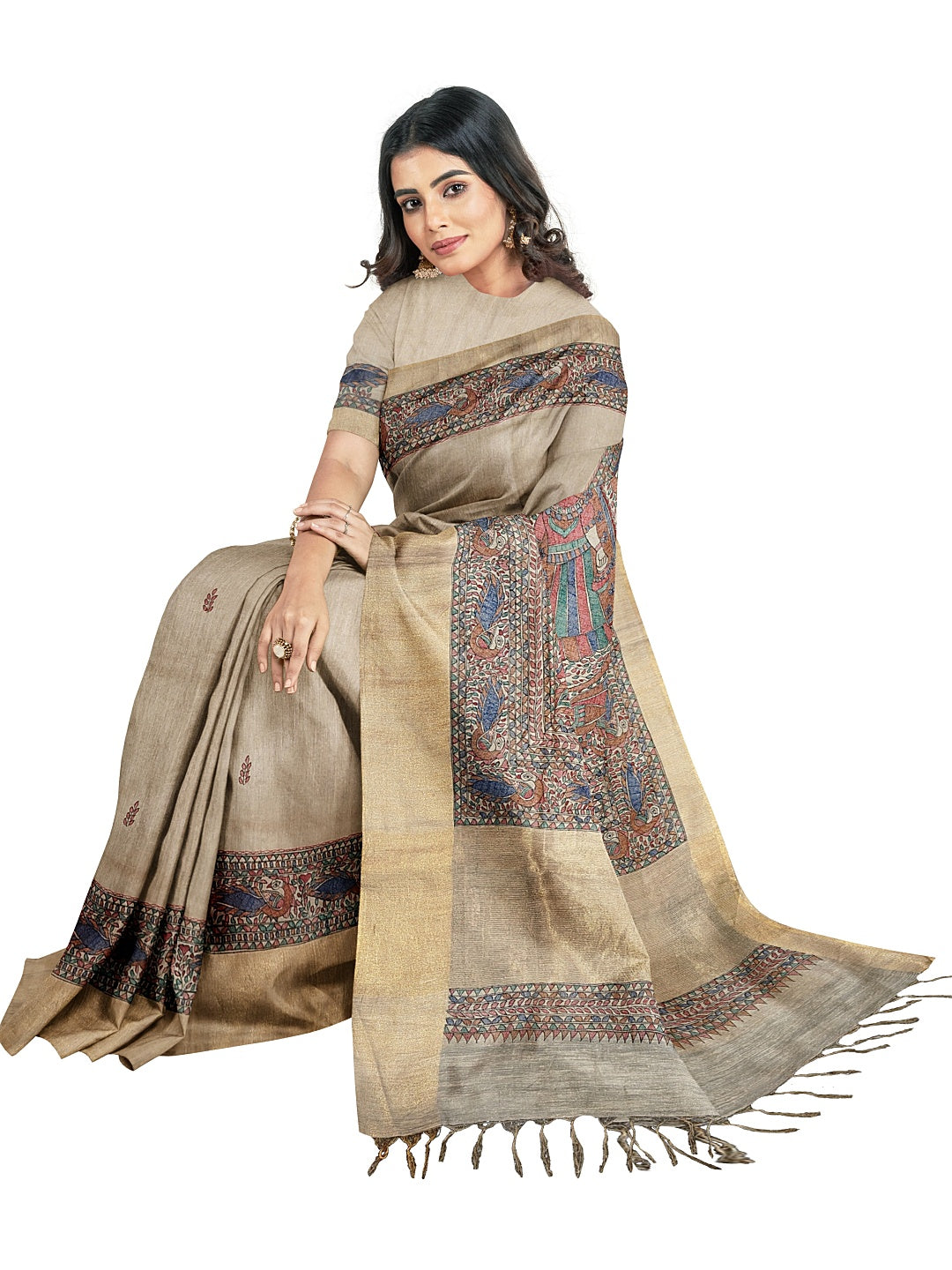 Radha Krishna under the Kadamb Tree – A Divine Melody on Tussar Ghicha Silk