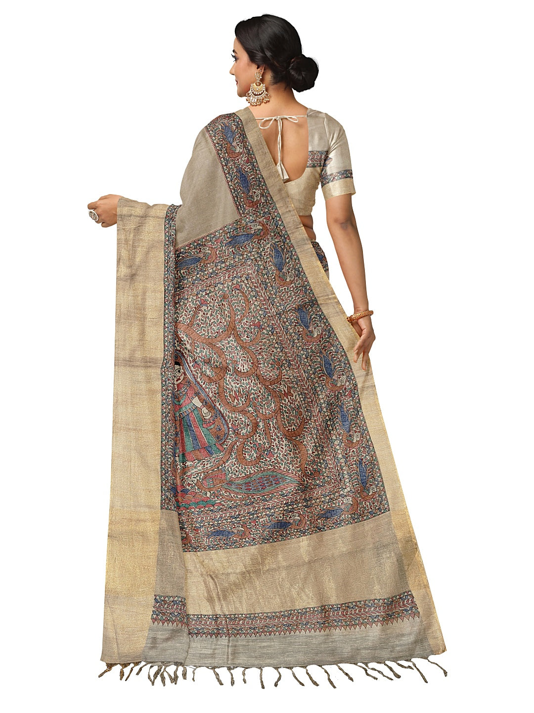 Radha Krishna under the Kadamb Tree – A Divine Melody on Tussar Ghicha Silk