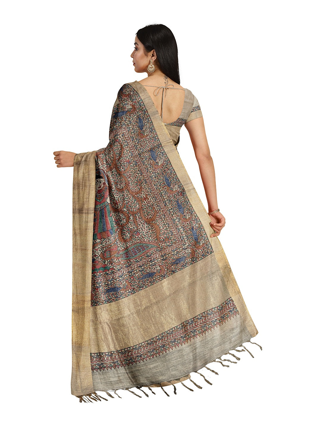 Radha Krishna under the Kadamb Tree – A Divine Melody on Tussar Ghicha Silk