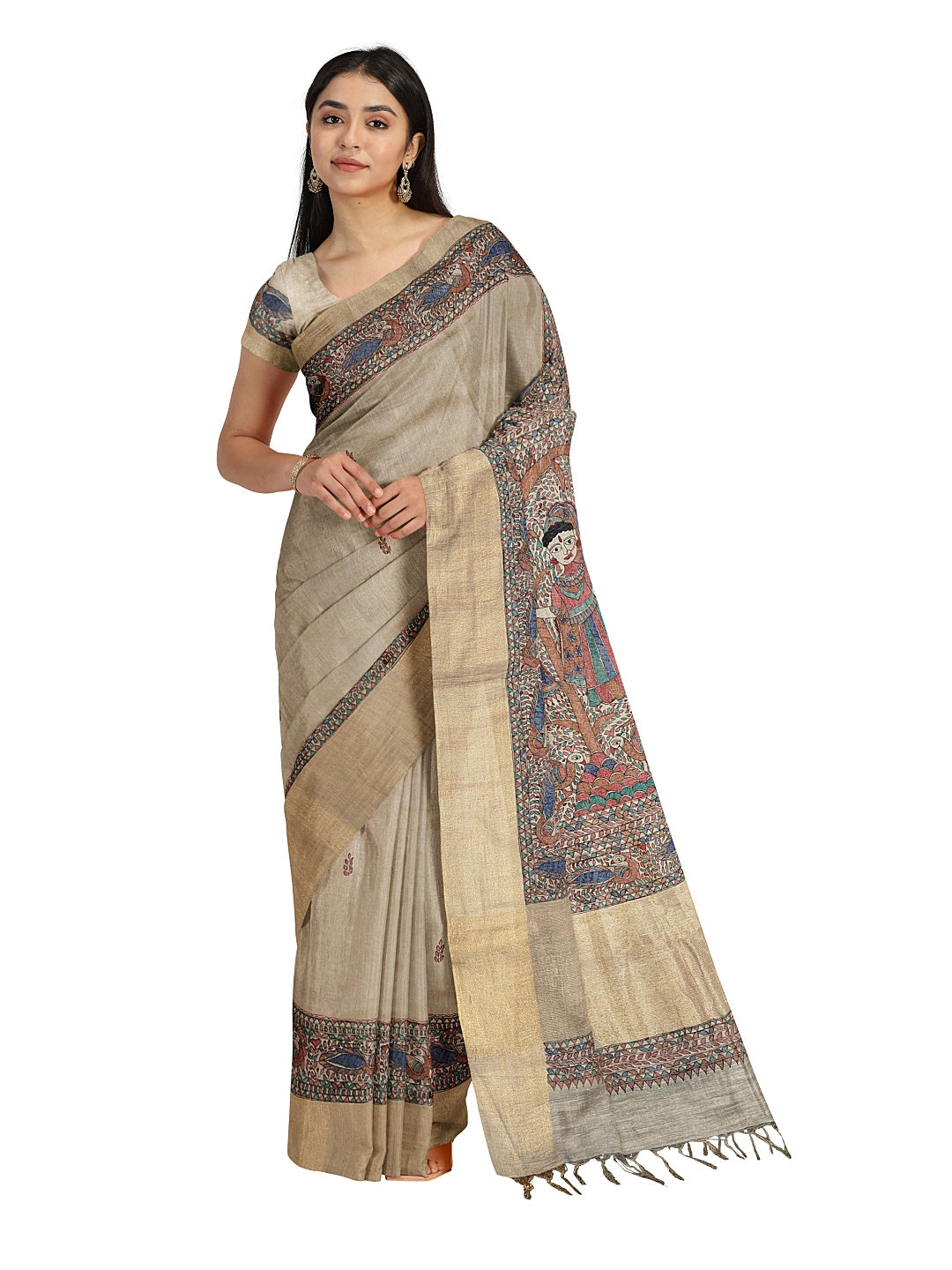 Radha Krishna under the Kadamb Tree – A Divine Melody on Tussar Ghicha Silk