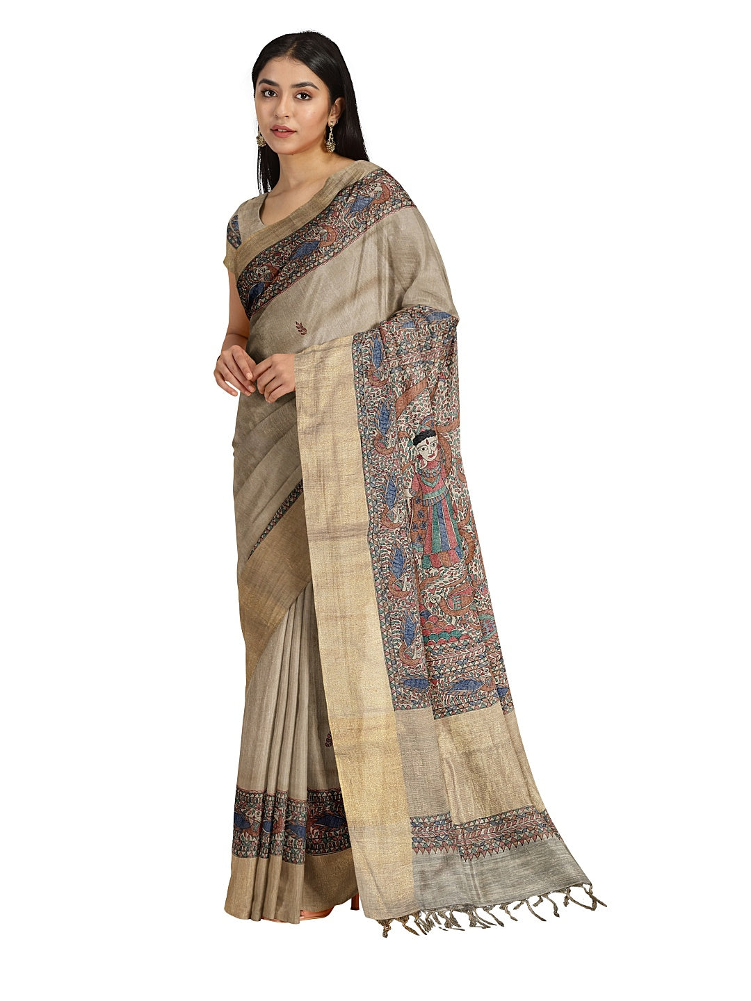 Radha Krishna under the Kadamb Tree – A Divine Melody on Tussar Ghicha Silk