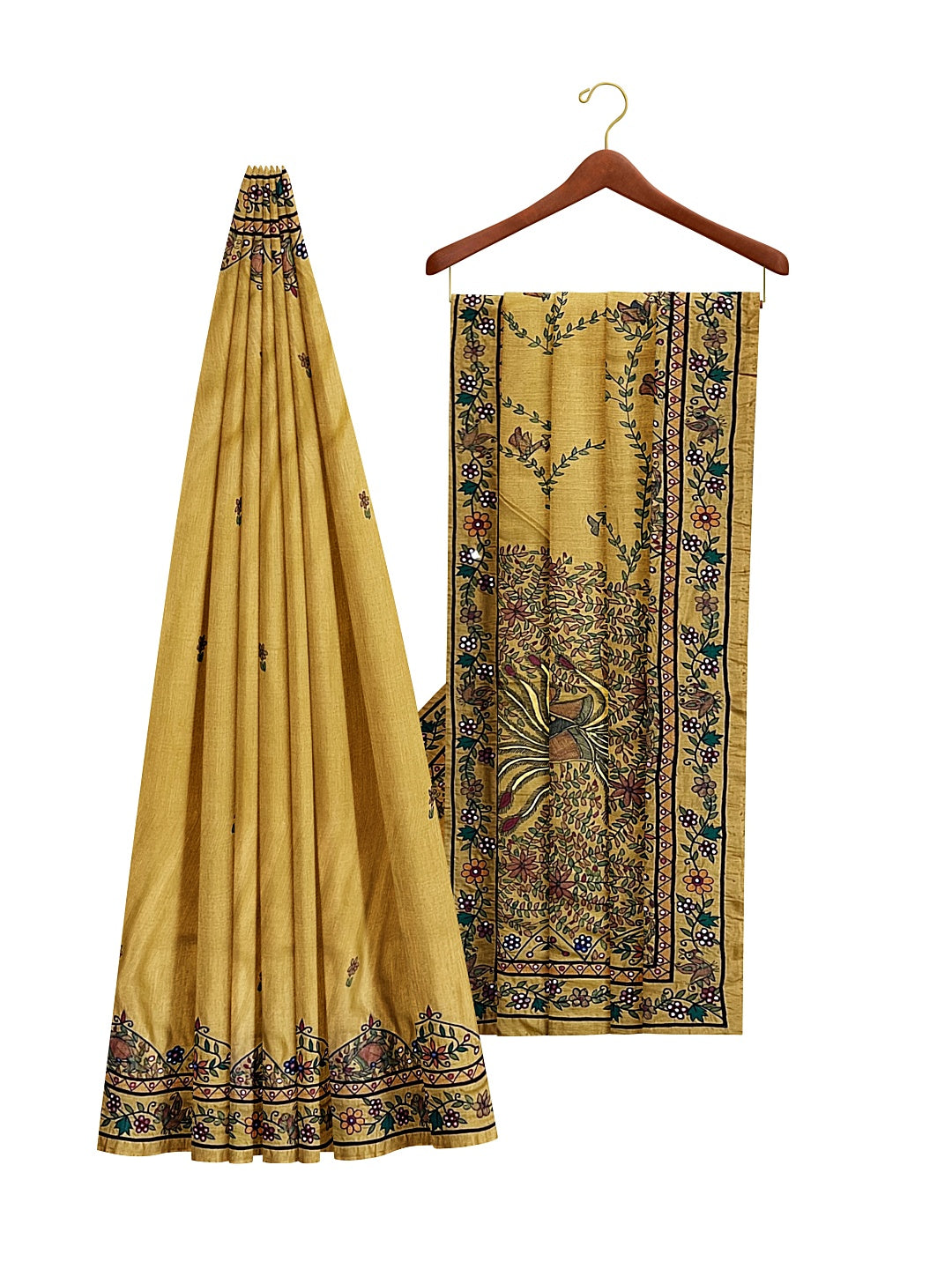 Handpainted Madhubani Saree with Hand Embroidery – Dancing Peacocks Design in Honey Gold