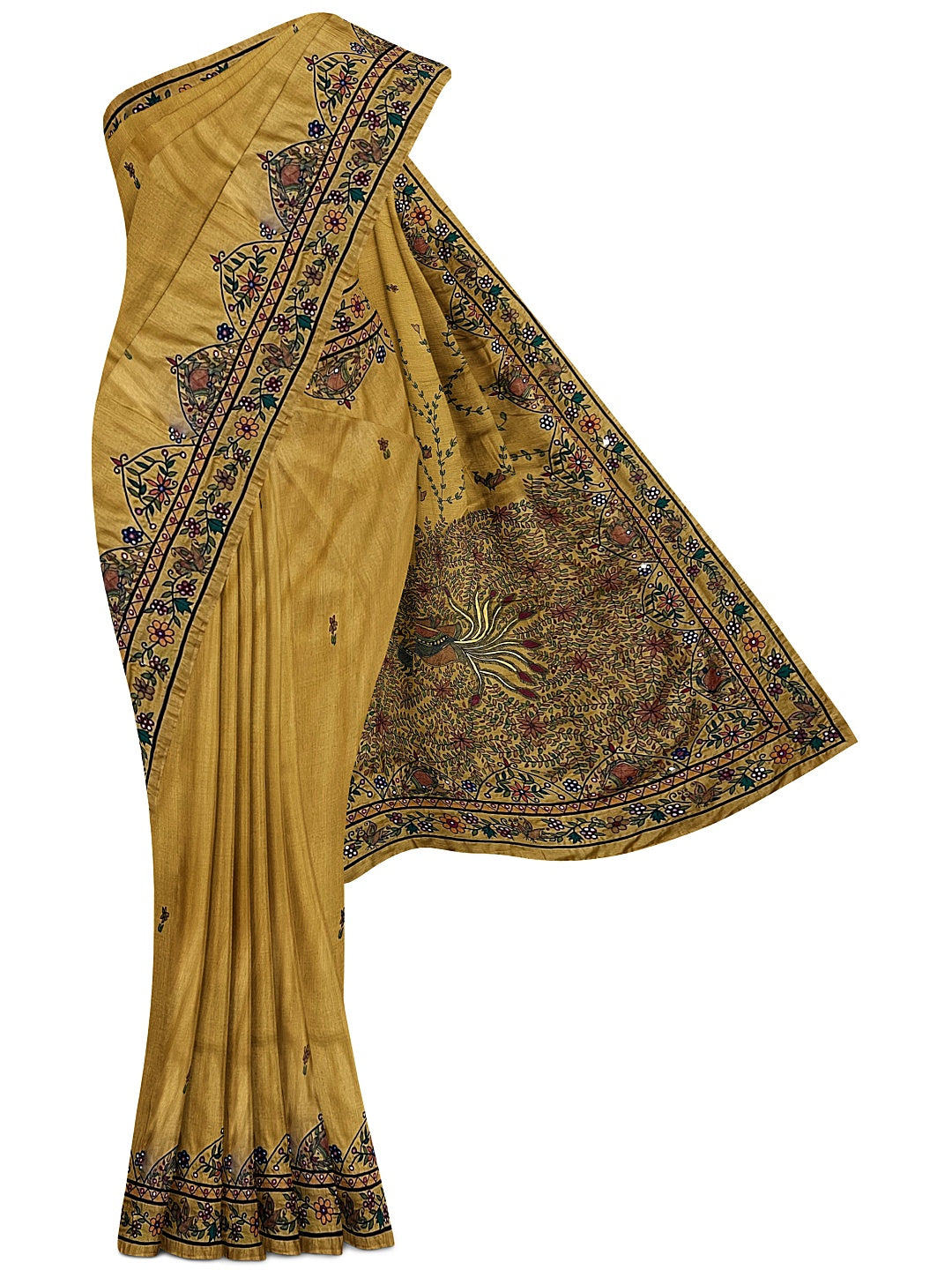 Handpainted Madhubani Saree with Hand Embroidery (AARI WORK) – Dancing Peacocks Design in Honey Gold