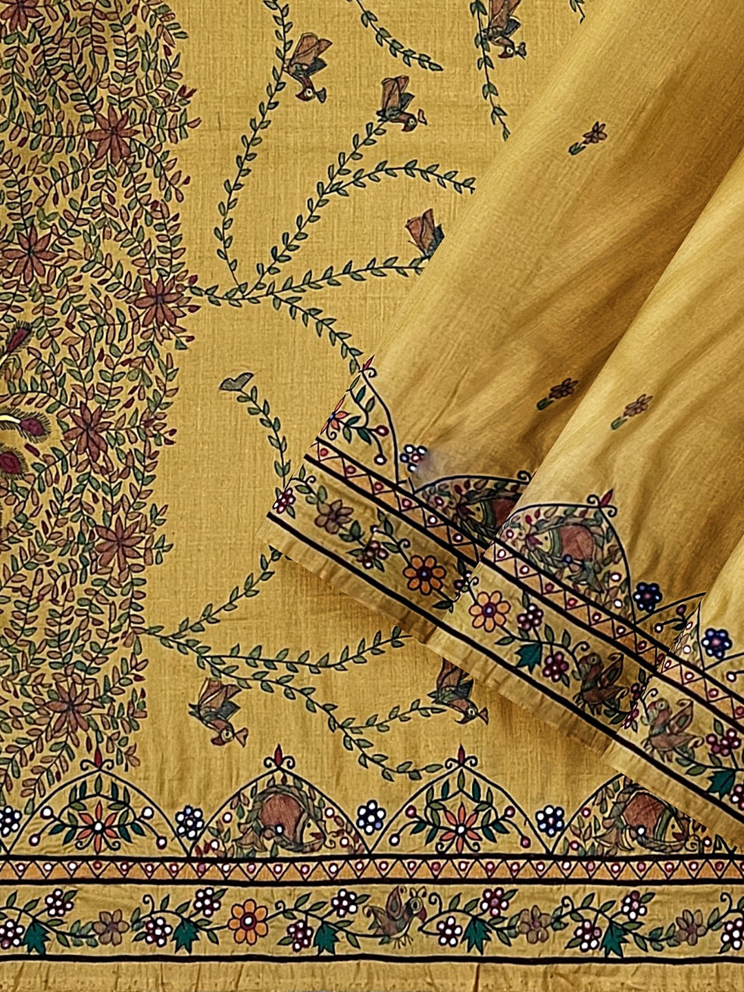 Handpainted Madhubani Saree with Hand Embroidery (AARI WORK) – Dancing Peacocks Design in Honey Gold