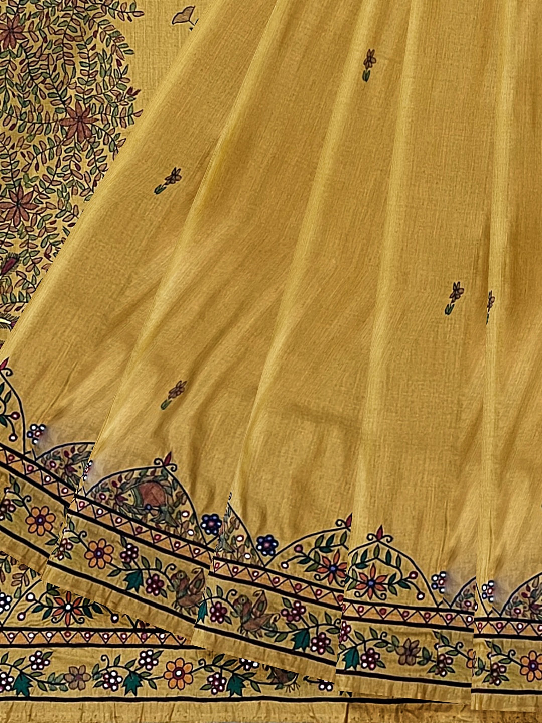 Handpainted Madhubani Saree with Hand Embroidery – Dancing Peacocks Design in Honey Gold