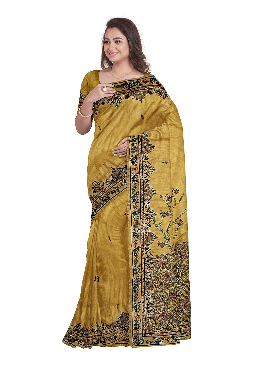 Handpainted Madhubani Saree with Hand Embroidery – Dancing Peacocks Design in Honey Gold