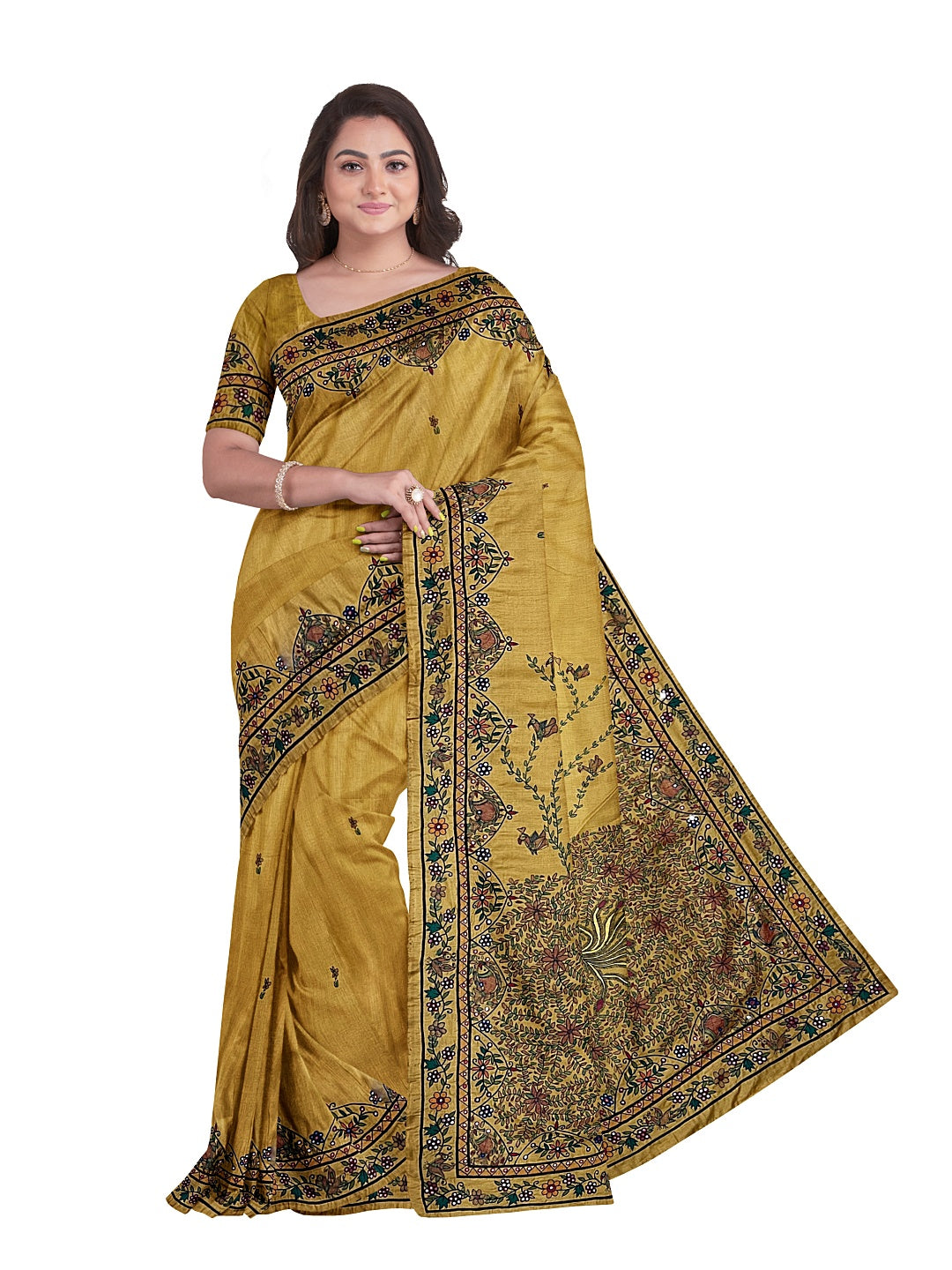 Handpainted Madhubani Saree with Hand Embroidery (AARI WORK) – Dancing Peacocks Design in Honey Gold