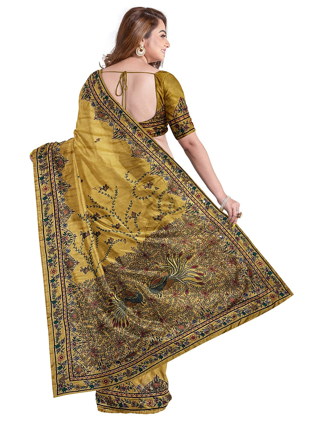 Handpainted Madhubani Saree with Hand Embroidery (AARI WORK) – Dancing Peacocks Design in Honey Gold