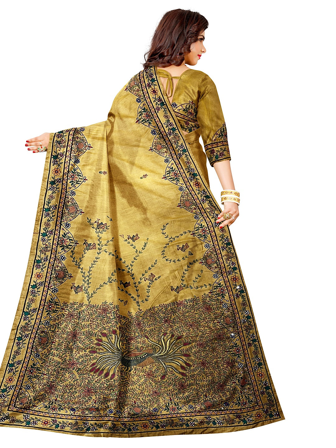 Handpainted Madhubani Saree with Hand Embroidery (AARI WORK) – Dancing Peacocks Design in Honey Gold