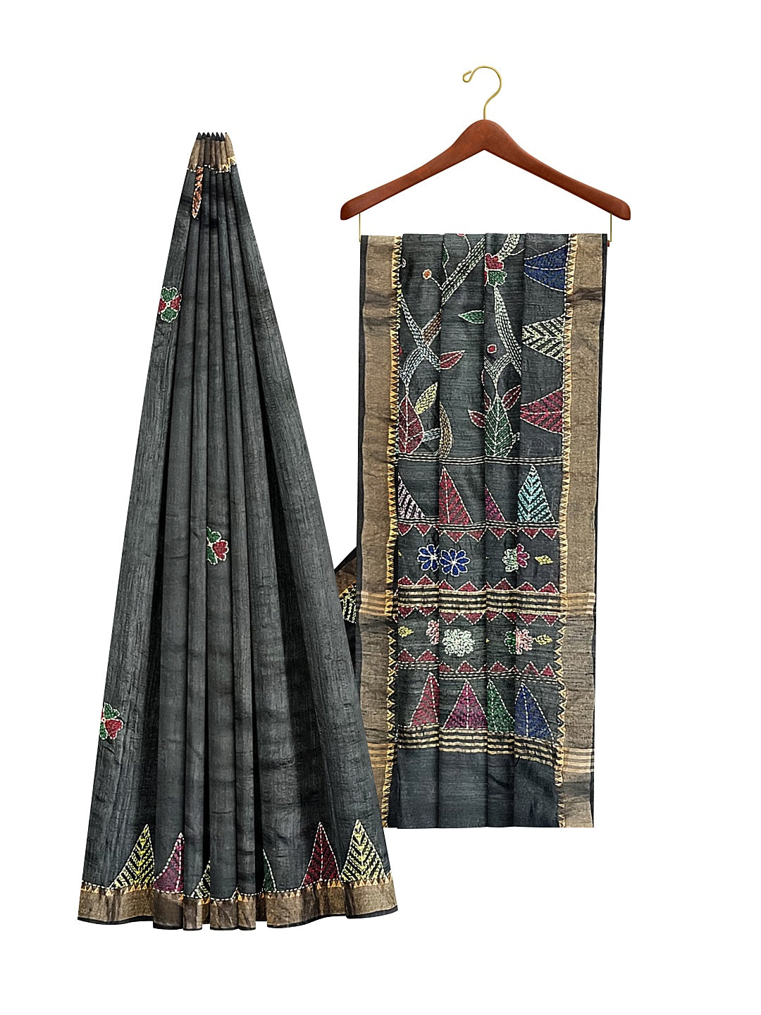 Floral, Hand Embroidered Sujni Saree on Tussar Munga Silk