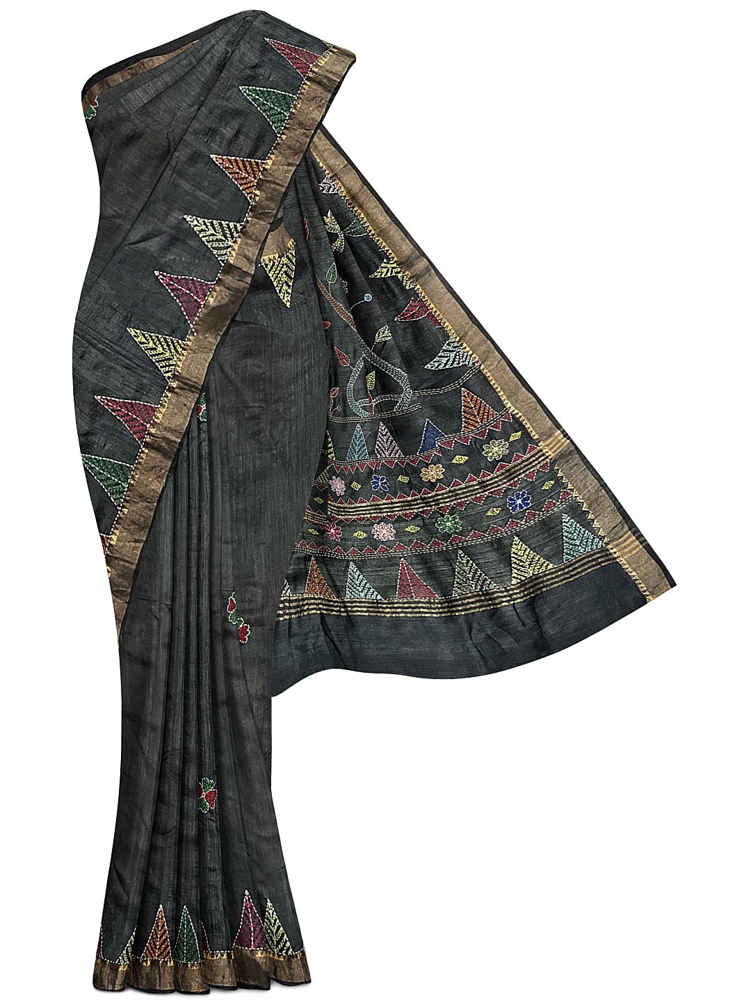 Floral, Hand Embroidered Sujni Saree on Tussar Munga Silk